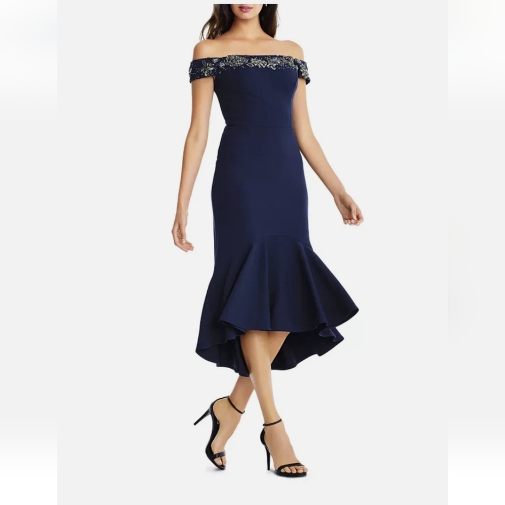 New!Aidan Mattox Embellished Off-the-Shoulder Navy Beaded Dress Size 6